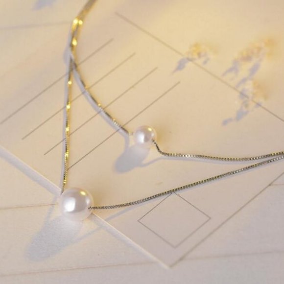 925 Sterling Silver Double Layer Pearl Necklace - Picture 7 of 8